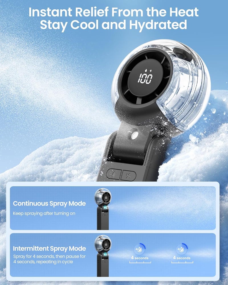 TriPole Misting Fan Portable Handheld Turbo Fan with Mist, LED Display, Foldable High Speed Airflow Mini Fans, Rechargeable Personal Mister with Water Spray Bottle for Summer Trip Beach Camping, Black - Image 2